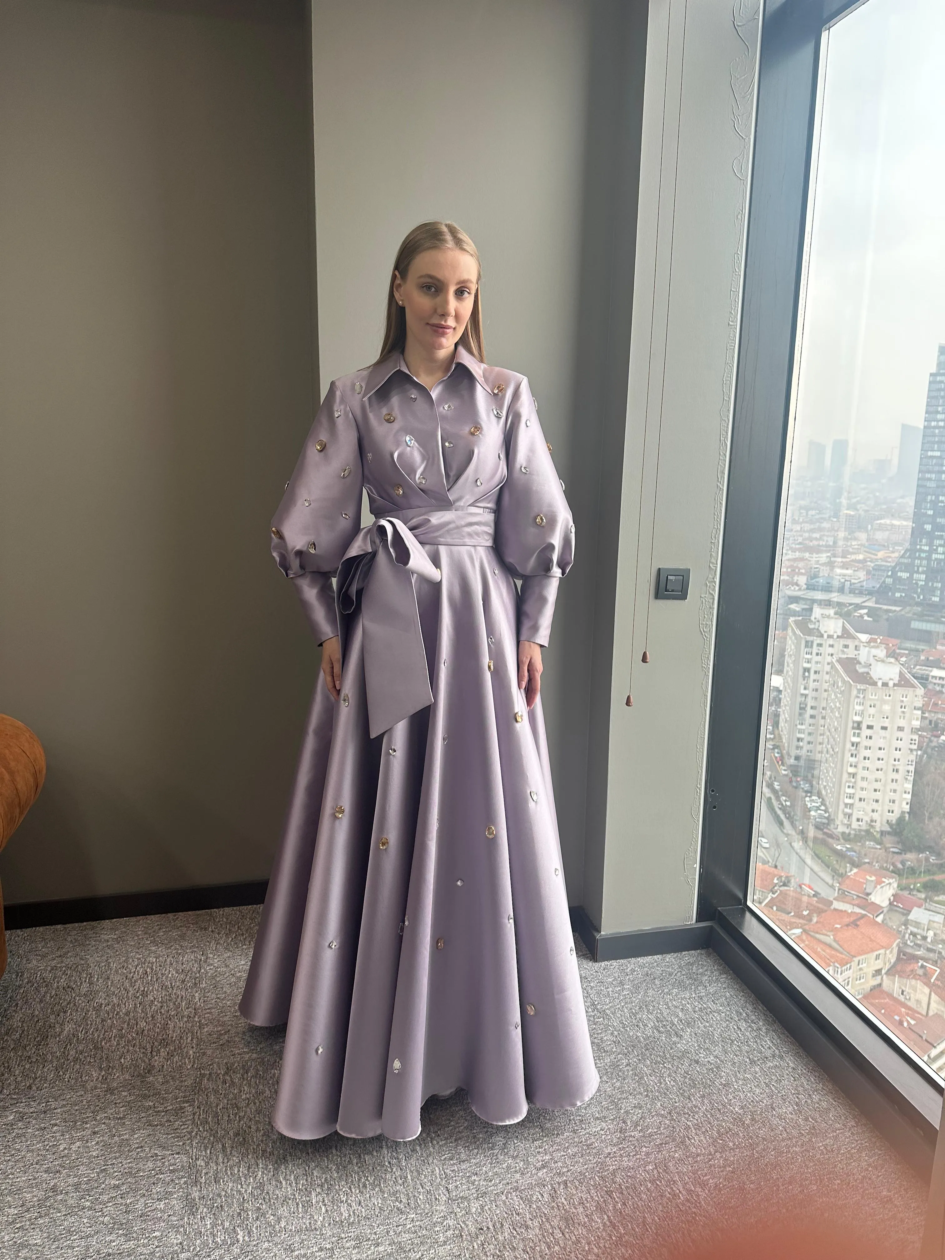 𝐋𝐀𝐑𝐀 Belt Detailed Stone Embroidered Hijab Evening Dress - T56736
