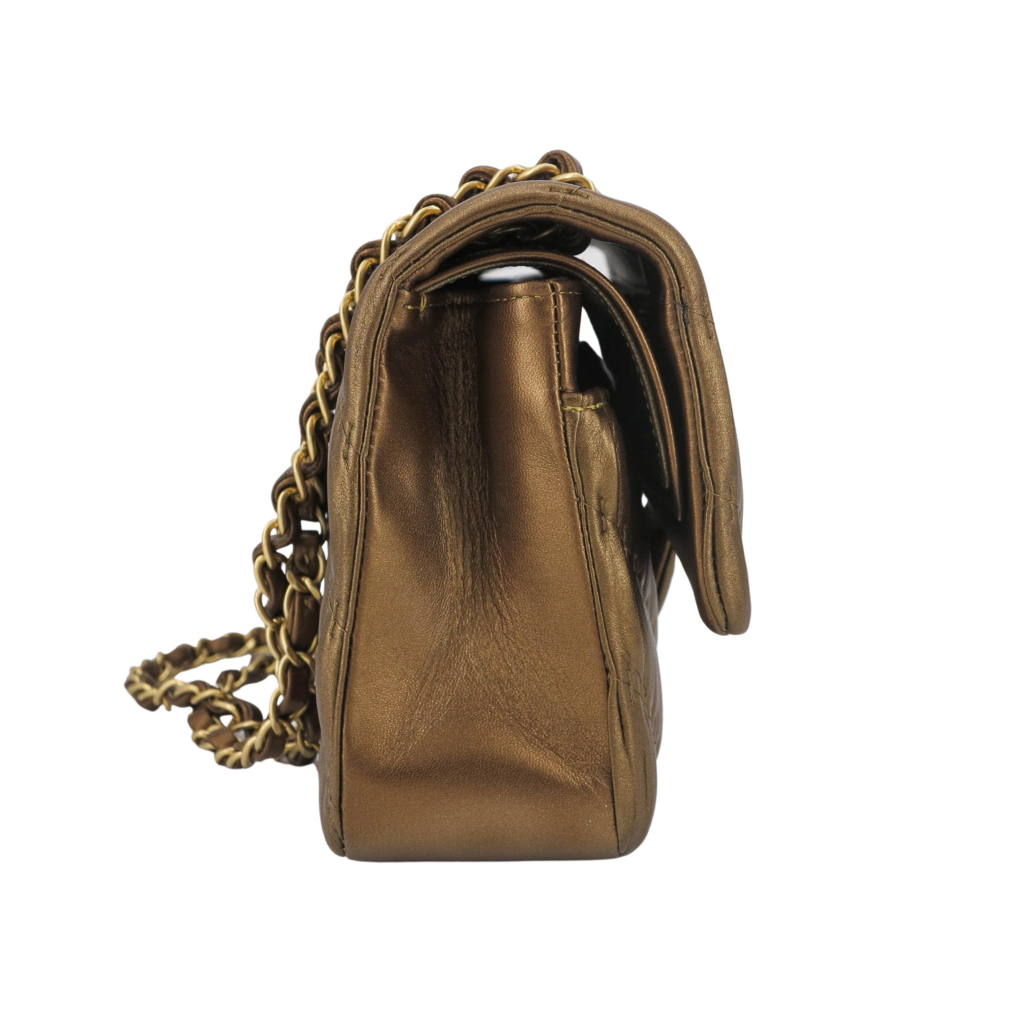 18C Pleated Chevron Medium Classic Double Flap Bag in Bronze Calfskin