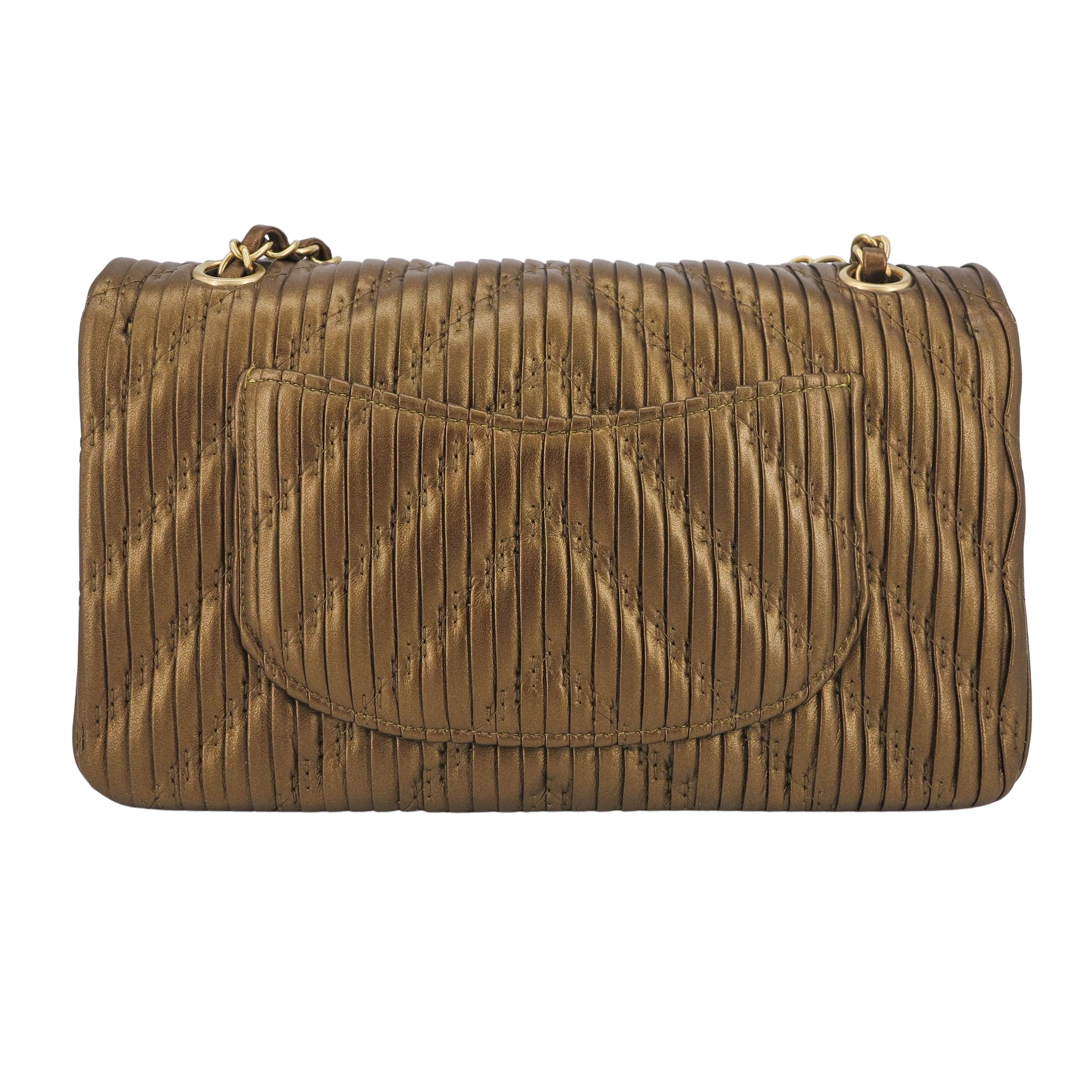 18C Pleated Chevron Medium Classic Double Flap Bag in Bronze Calfskin