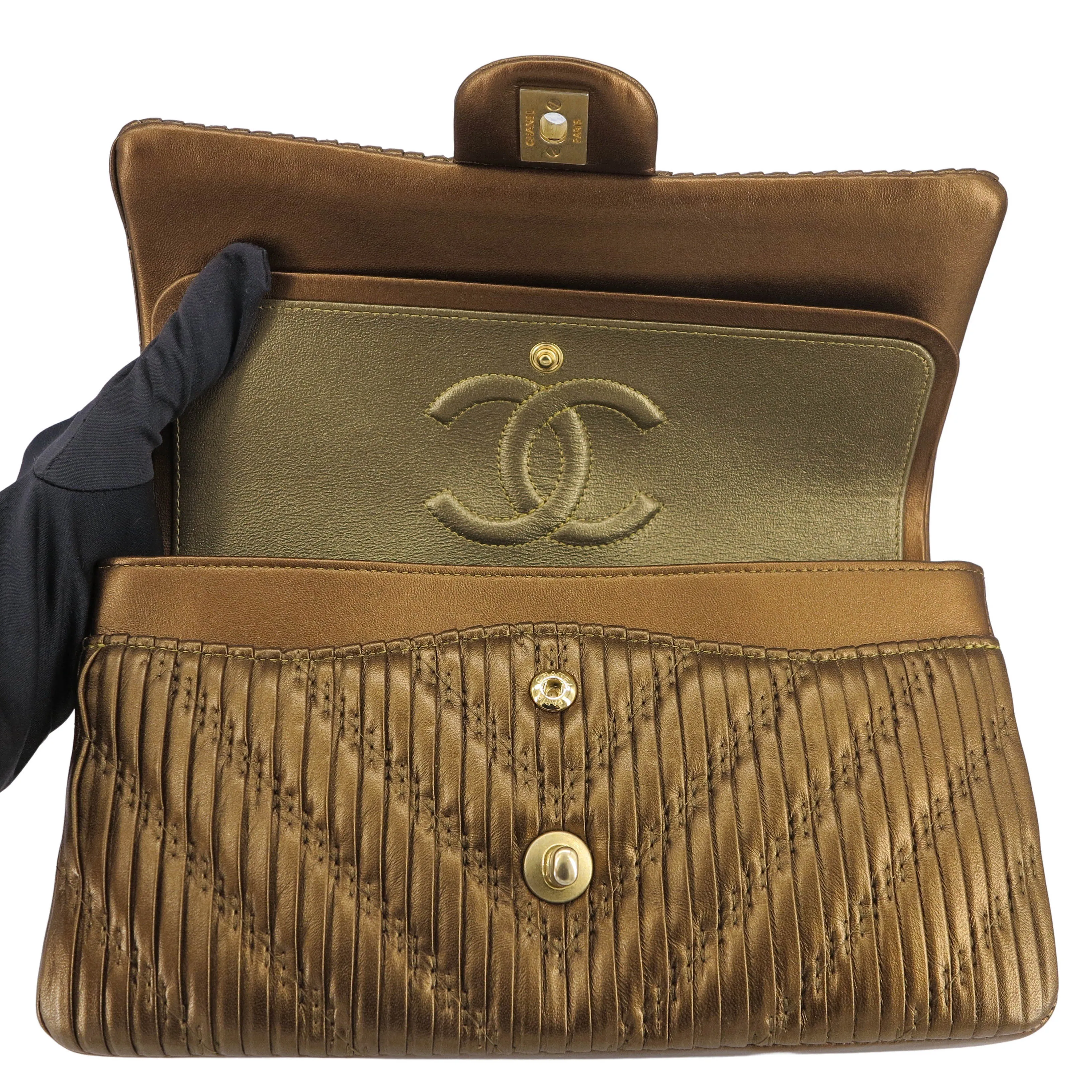 18C Pleated Chevron Medium Classic Double Flap Bag in Bronze Calfskin