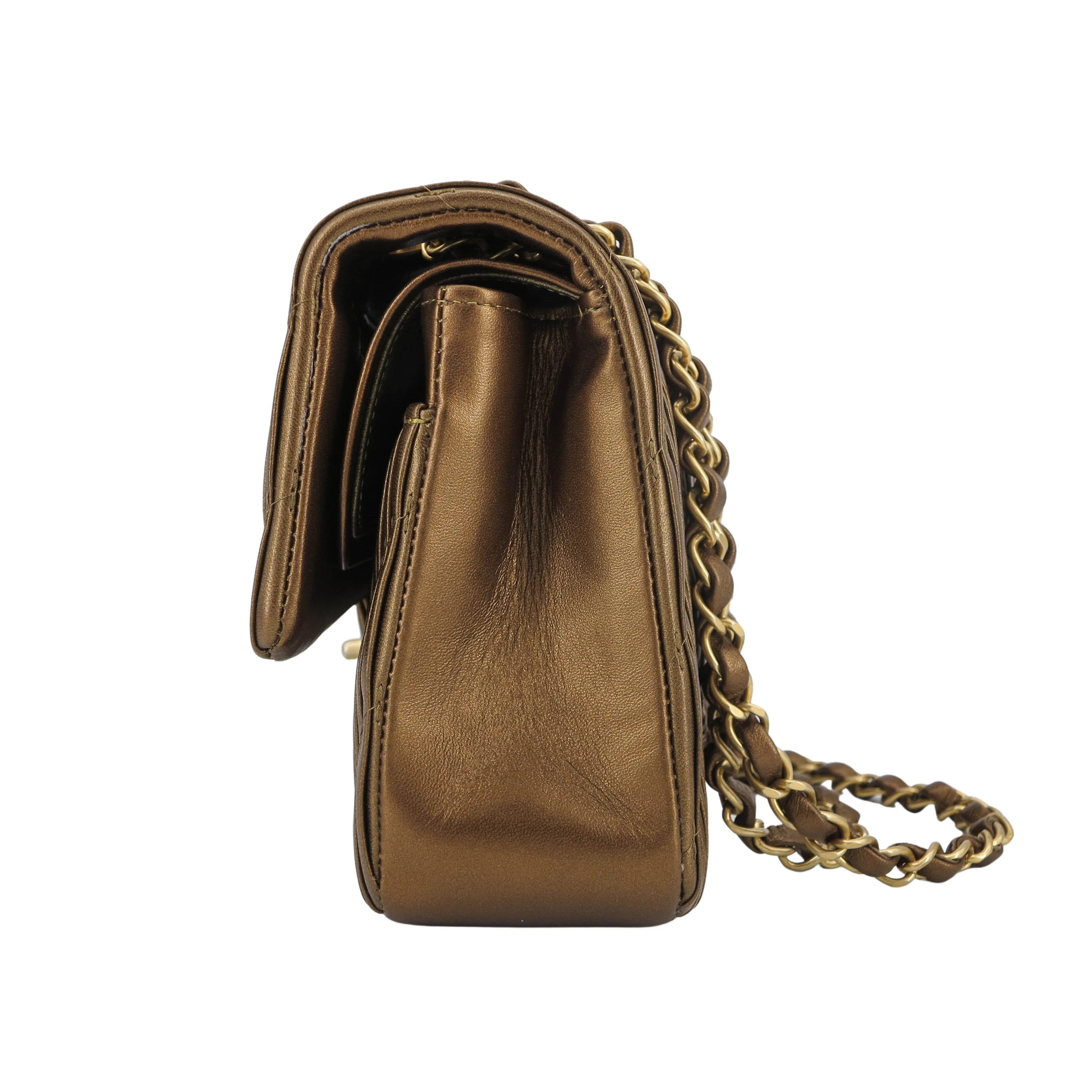 18C Pleated Chevron Medium Classic Double Flap Bag in Bronze Calfskin