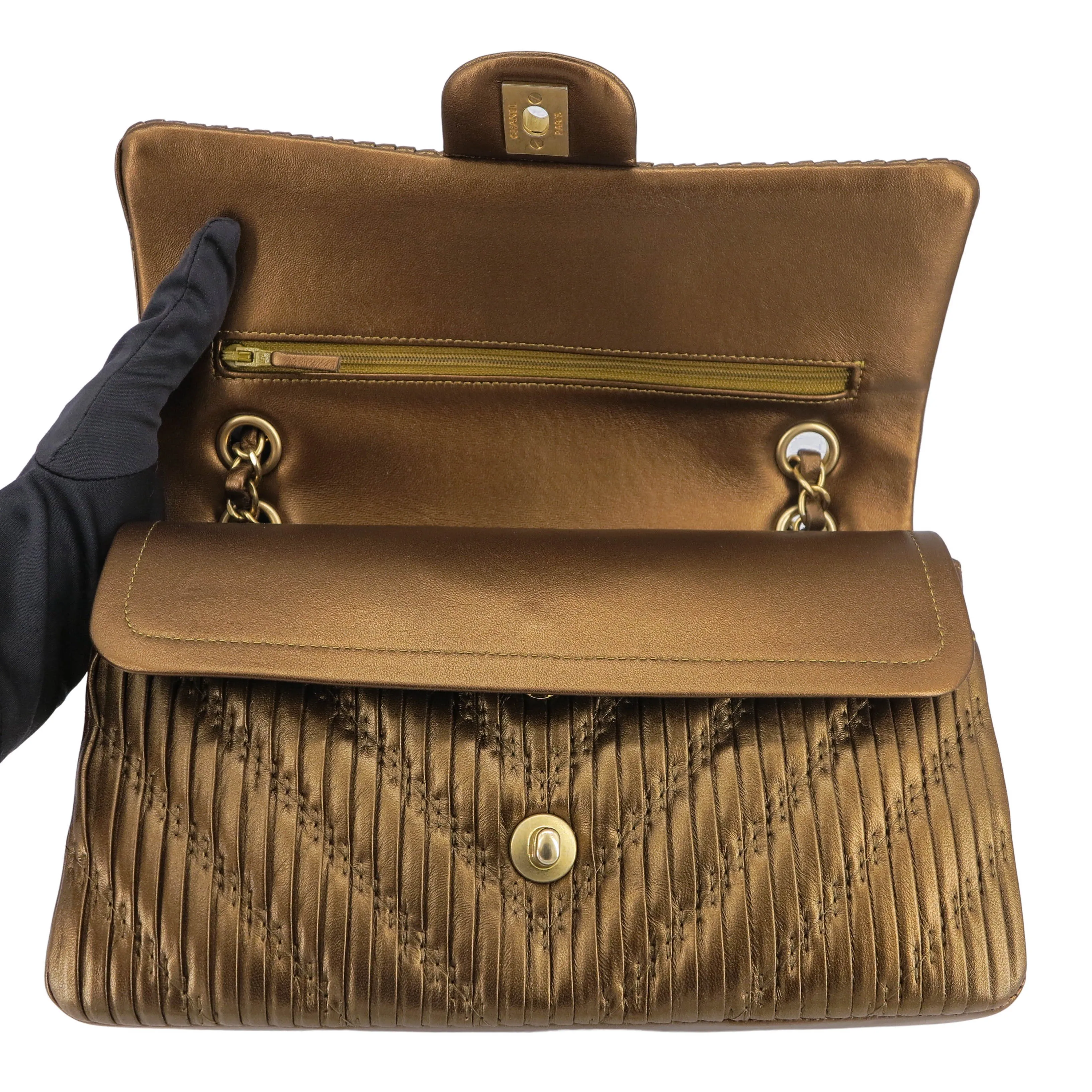 18C Pleated Chevron Medium Classic Double Flap Bag in Bronze Calfskin
