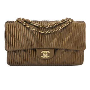 18C Pleated Chevron Medium Classic Double Flap Bag in Bronze Calfskin