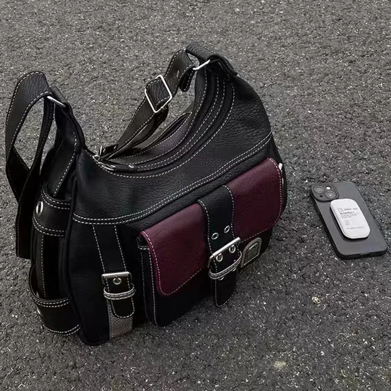 binfenxie Y2K Vintage Crossbody Shoulder Bag High Quality PU Leather Nylon Tote Bag Women Commuter Female Trend BlacMessenger Bags Zipper