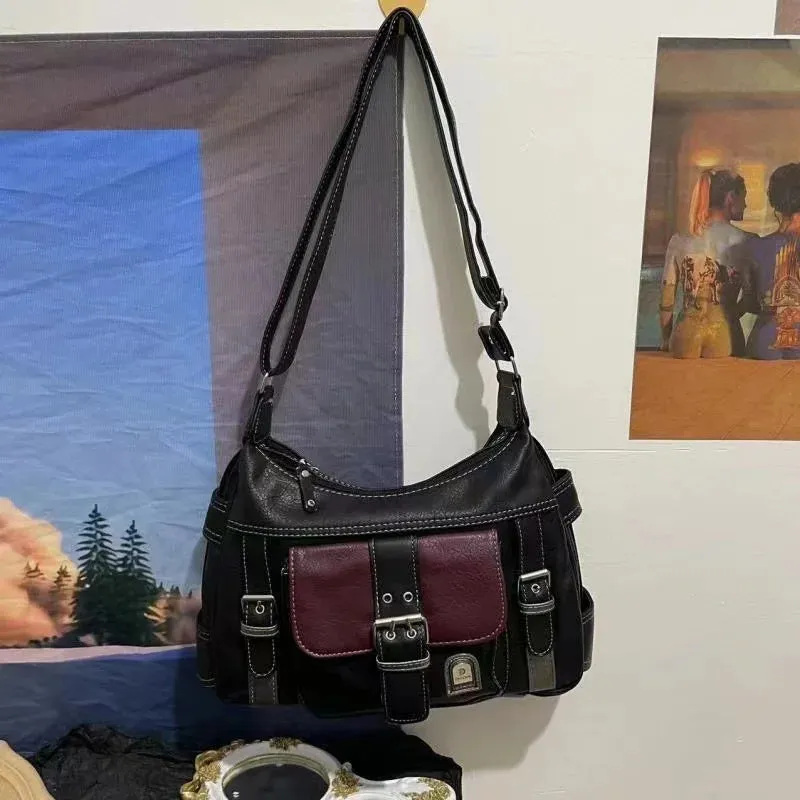 binfenxie Y2K Vintage Crossbody Shoulder Bag High Quality PU Leather Nylon Tote Bag Women Commuter Female Trend BlacMessenger Bags Zipper