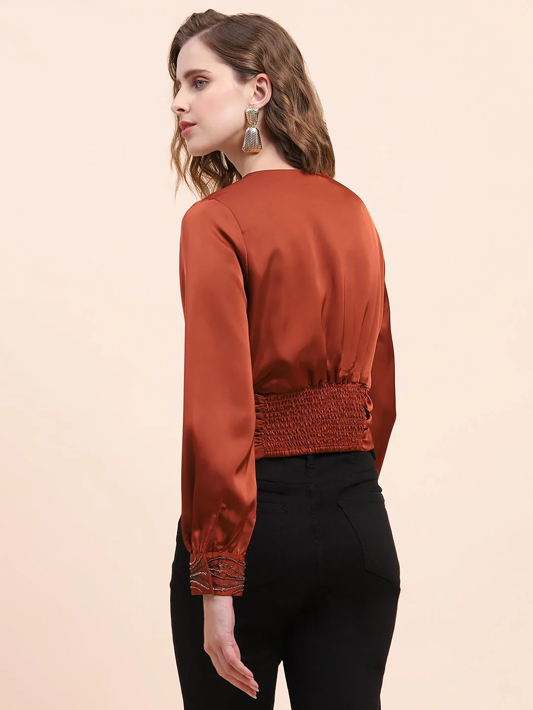 Camla Barcelona Cinched Waist Rust Surplice Neck Top