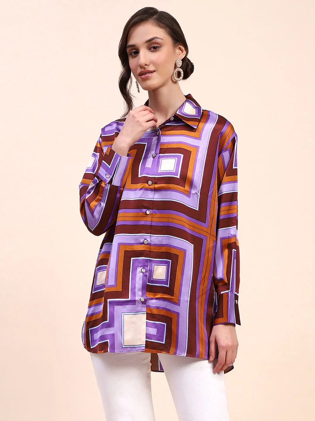 Camla Barcelona Geometric Print Cuff Sleeve Purple Shirt