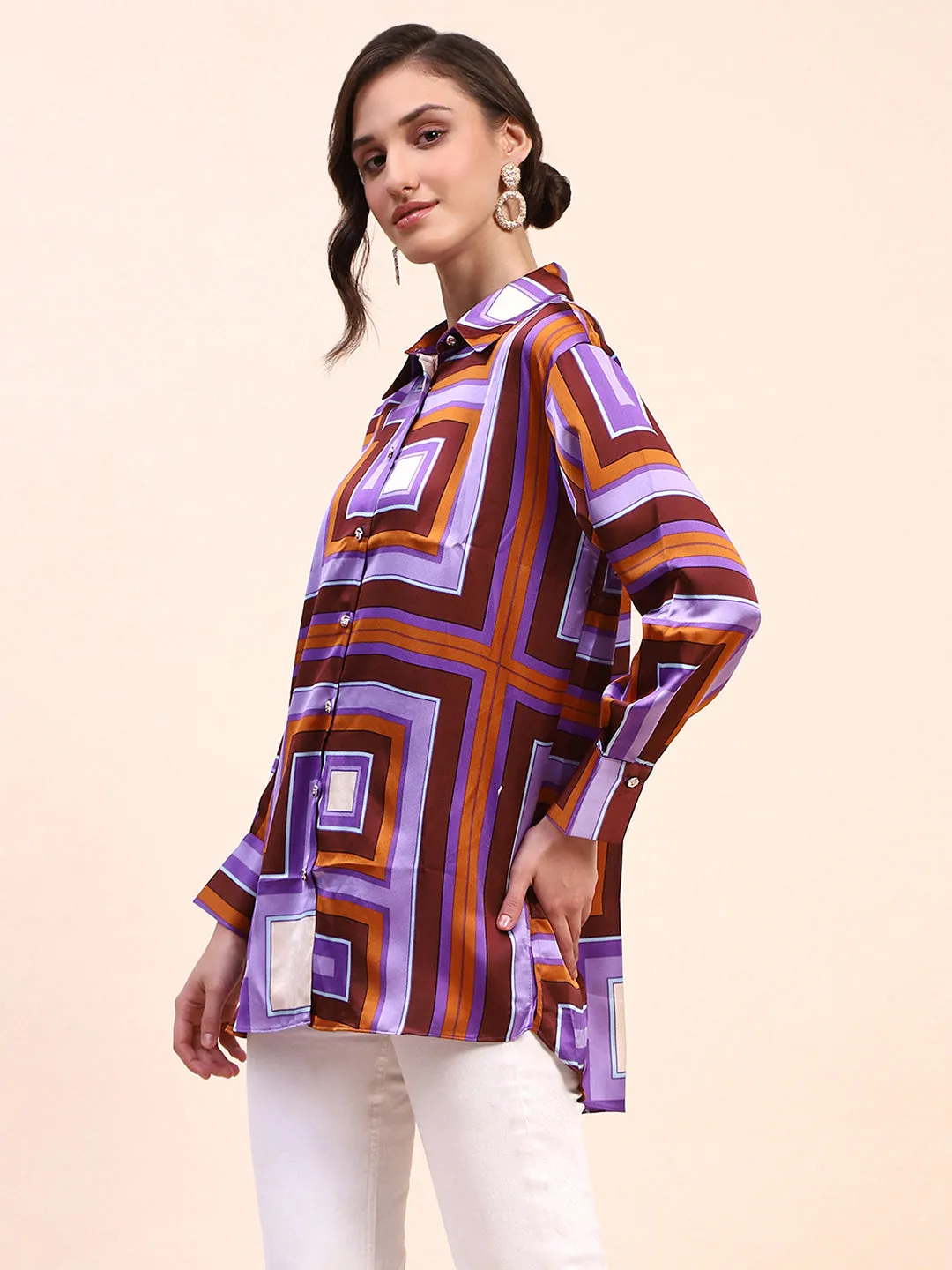 Camla Barcelona Geometric Print Cuff Sleeve Purple Shirt