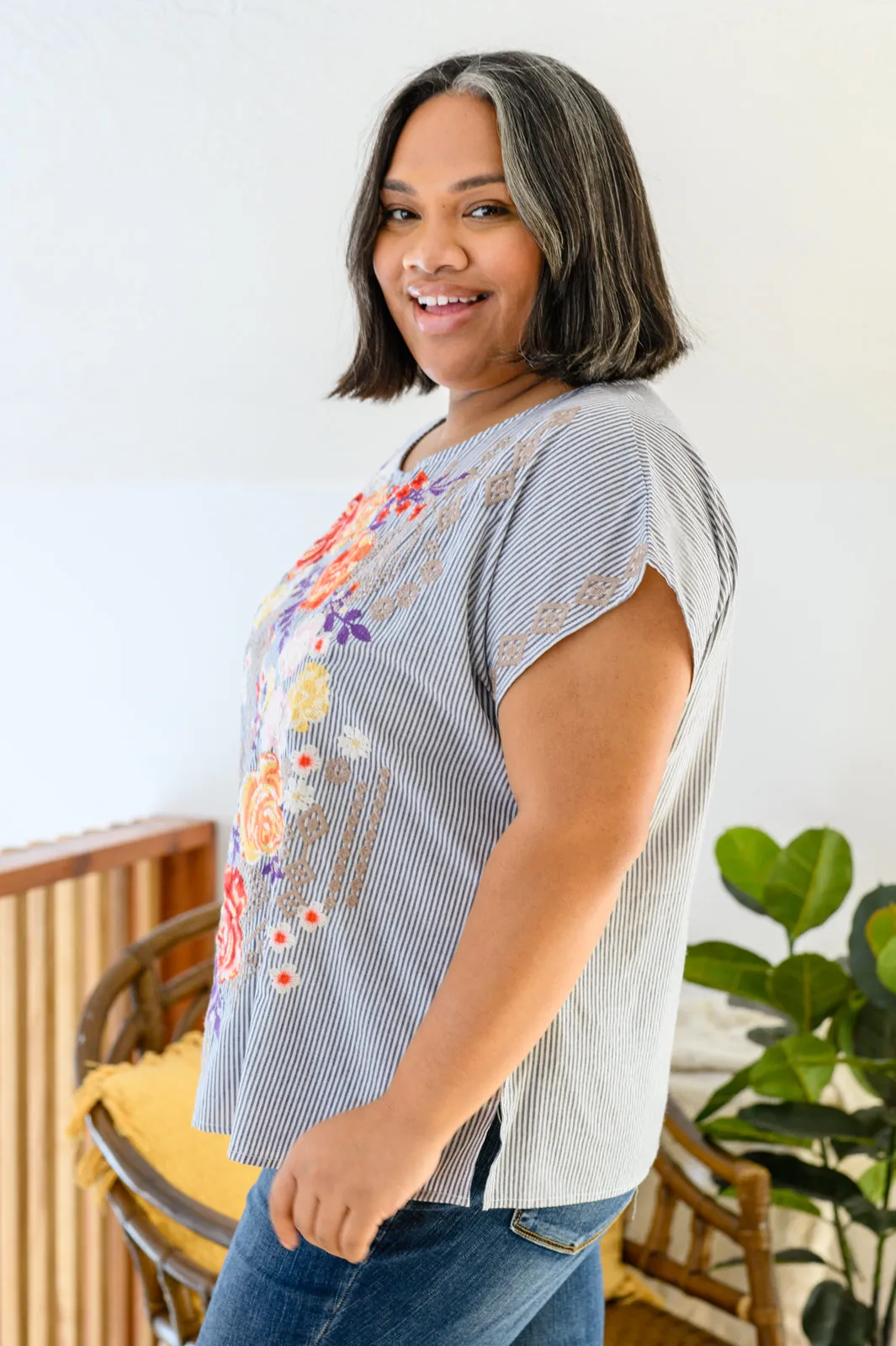 Canopy of Crushes Embroidered Striped Floral Top