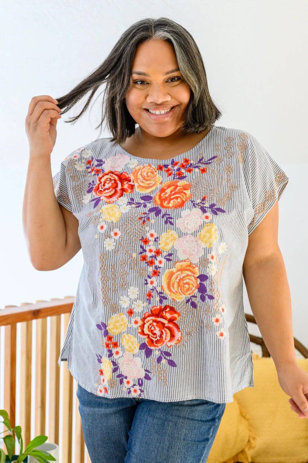 Canopy of Crushes Embroidered Striped Floral Top