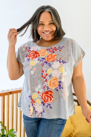 Canopy of Crushes Embroidered Striped Floral Top