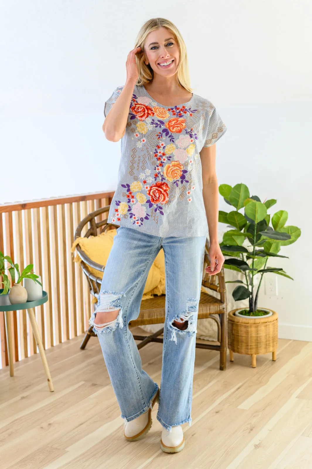 Canopy of Crushes Embroidered Striped Floral Top