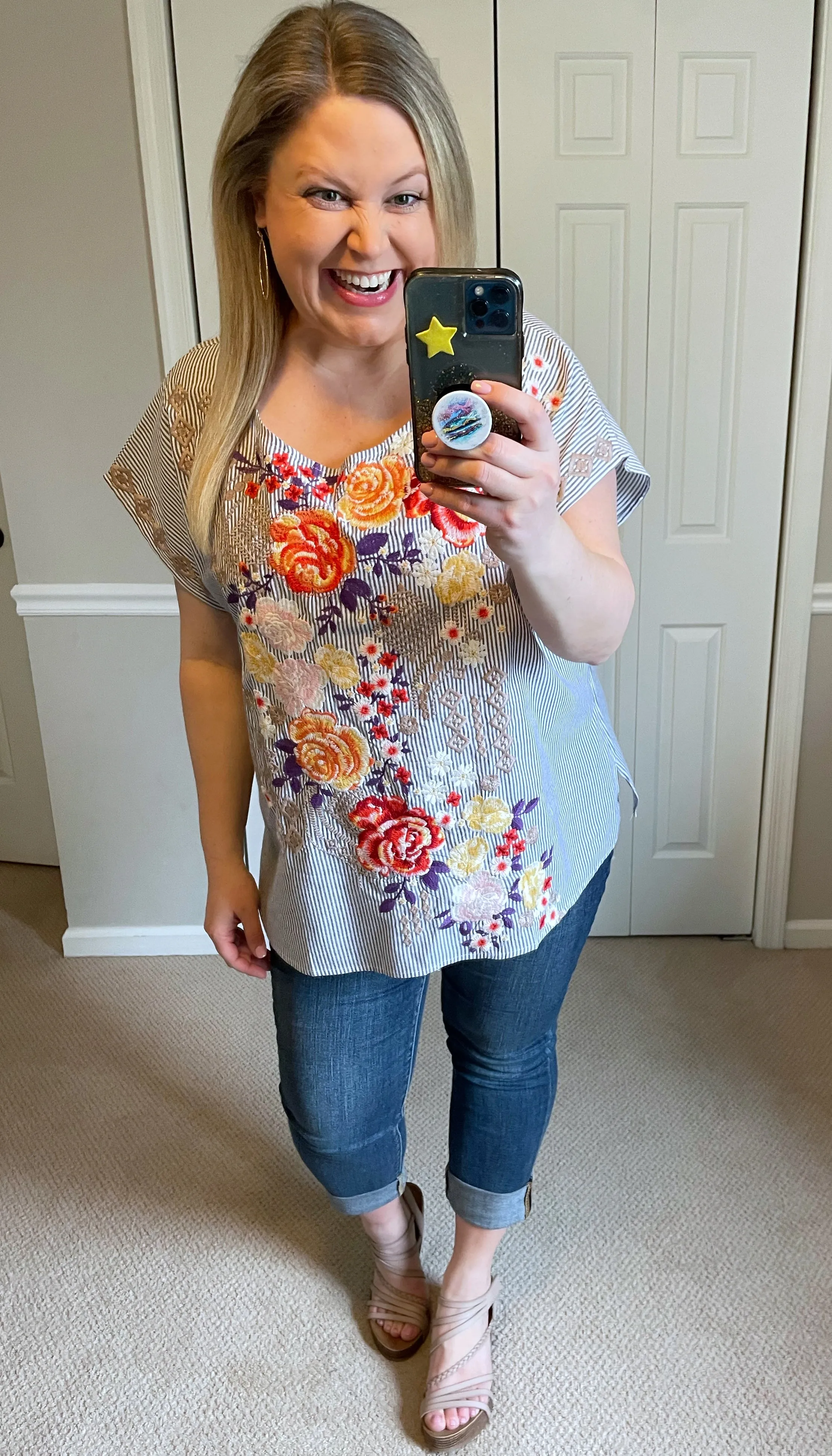 Canopy of Crushes Embroidered Striped Floral Top