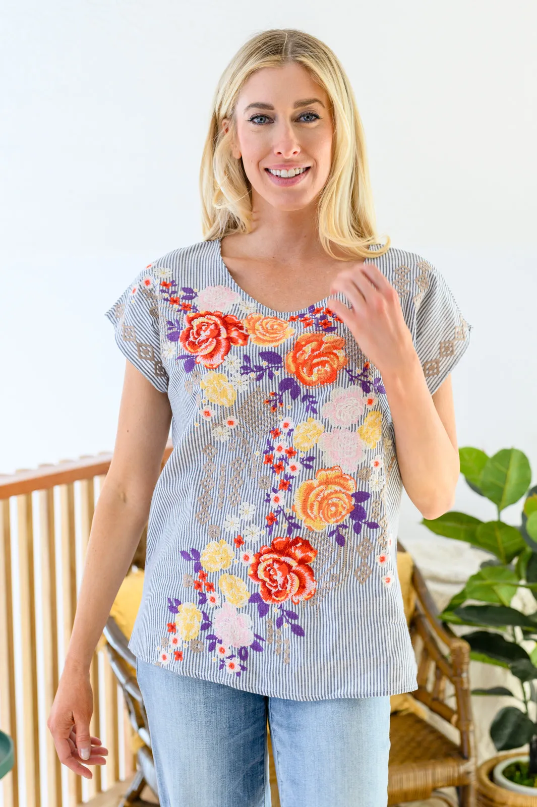 Canopy of Crushes Embroidered Striped Floral Top