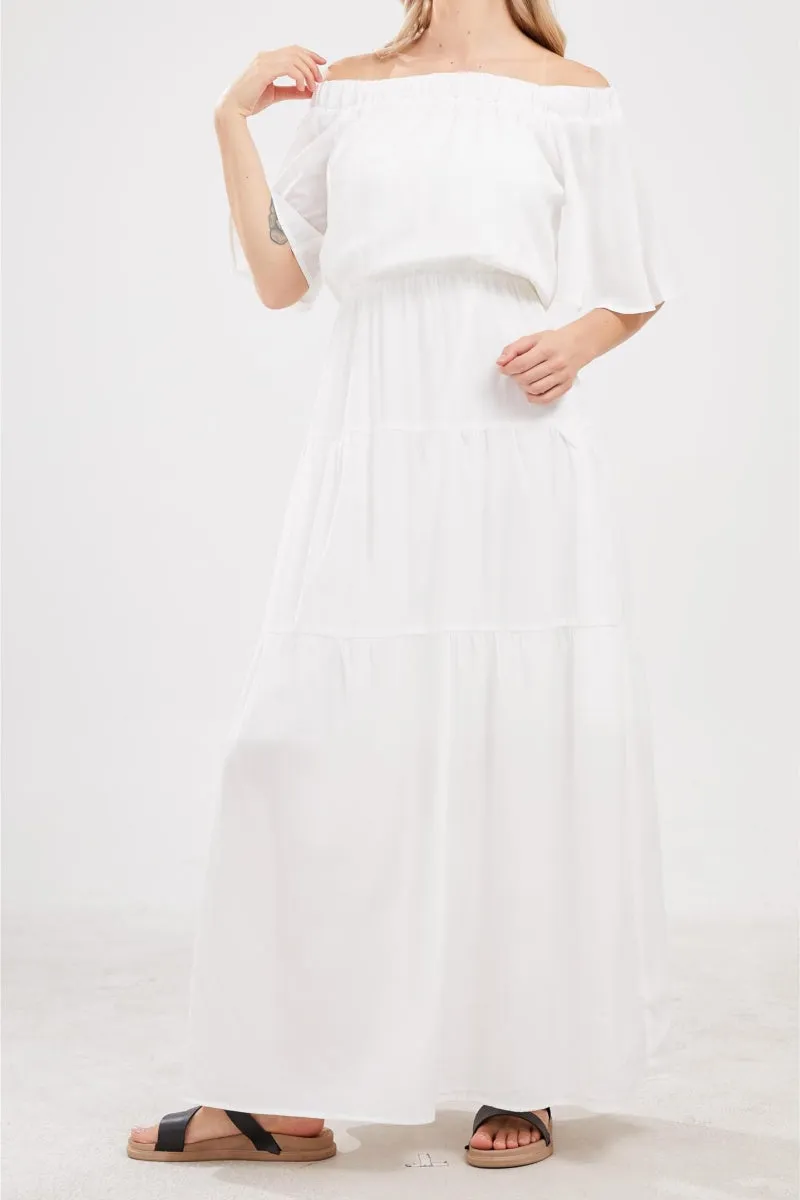 Chouyatou Women's Summer Off Shoulder Ruffle Cotton Dress Short Sleeve Mid Rise Beach Boho Long Maxi Dress