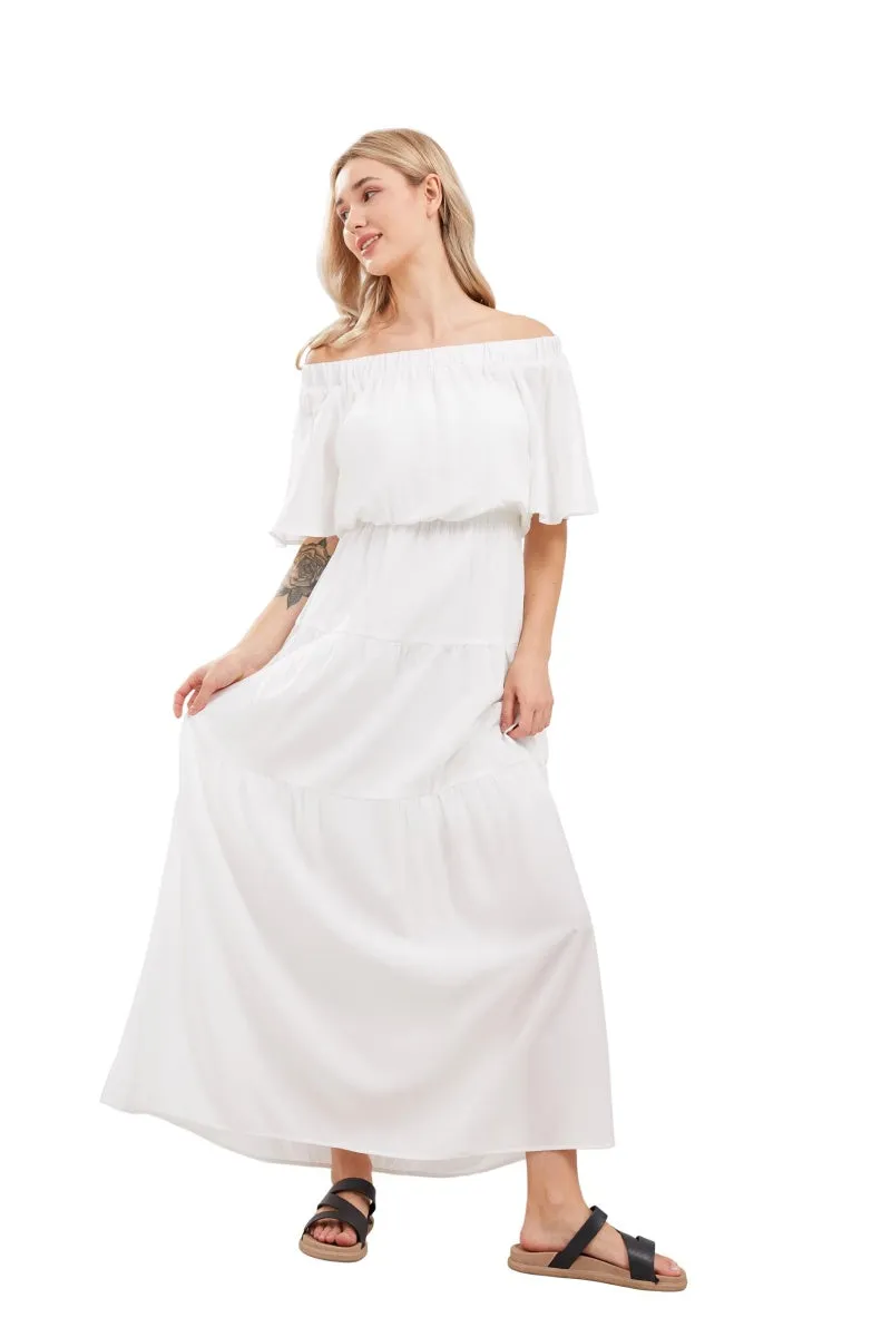 Chouyatou Women's Summer Off Shoulder Ruffle Cotton Dress Short Sleeve Mid Rise Beach Boho Long Maxi Dress