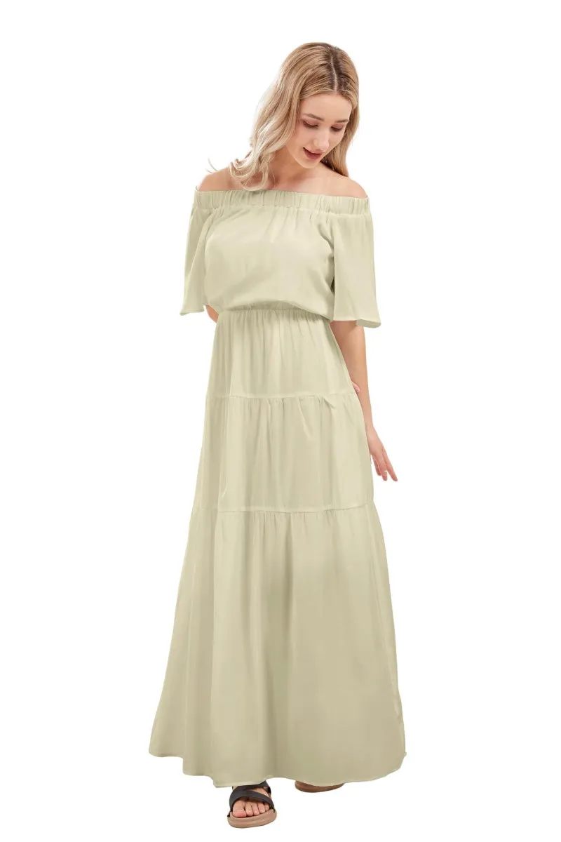 Chouyatou Women's Summer Off Shoulder Ruffle Cotton Dress Short Sleeve Mid Rise Beach Boho Long Maxi Dress