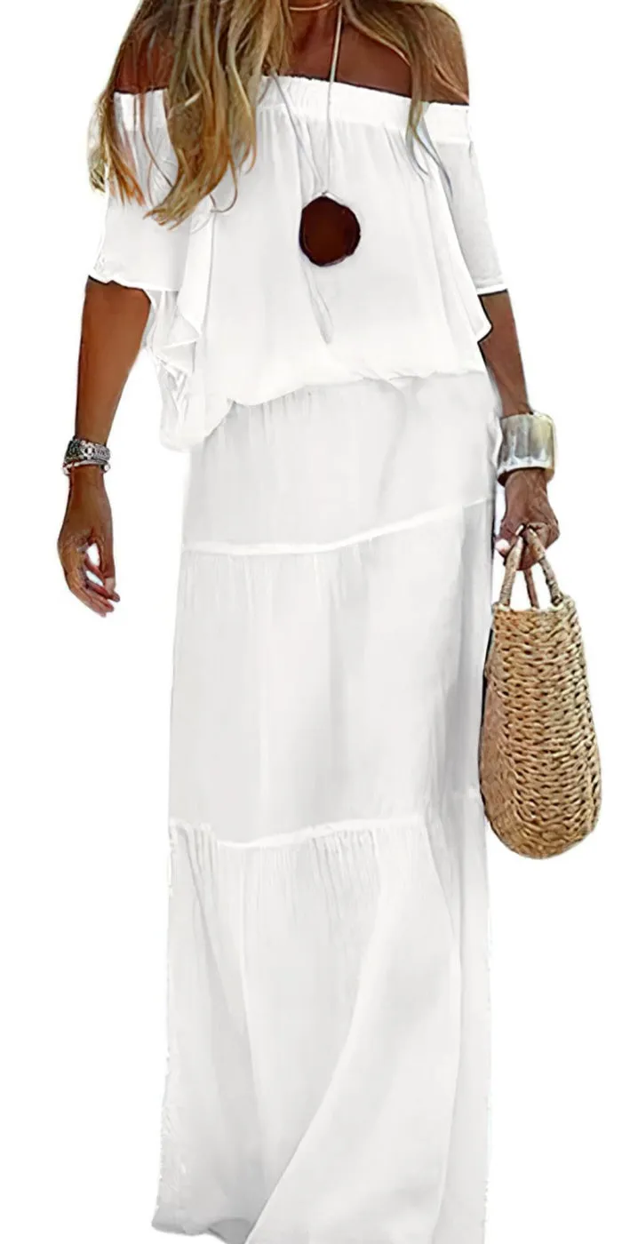 Chouyatou Women's Summer Off Shoulder Ruffle Cotton Dress Short Sleeve Mid Rise Beach Boho Long Maxi Dress