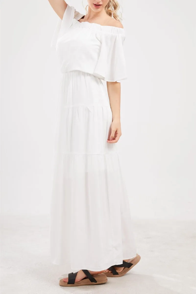 Chouyatou Women's Summer Off Shoulder Ruffle Cotton Dress Short Sleeve Mid Rise Beach Boho Long Maxi Dress