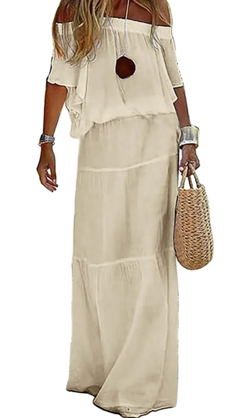 Chouyatou Women's Summer Off Shoulder Ruffle Cotton Dress Short Sleeve Mid Rise Beach Boho Long Maxi Dress