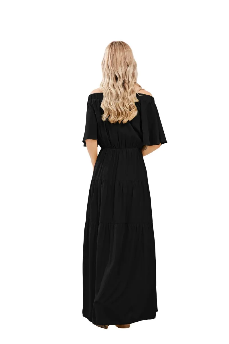 Chouyatou Women's Summer Off Shoulder Ruffle Cotton Dress Short Sleeve Mid Rise Beach Boho Long Maxi Dress