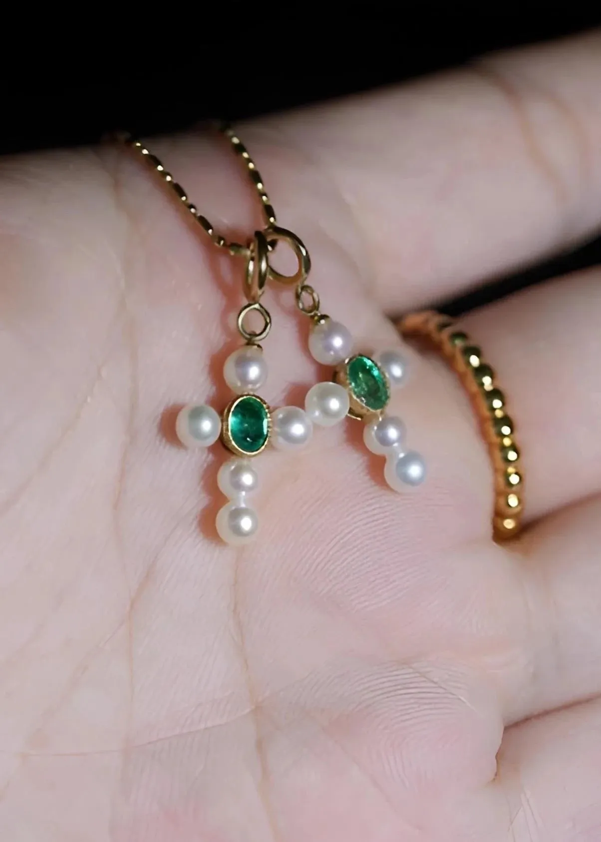 Colombian Emerald and South Sea Pearl Cross Pendant in 18K Solid Gold