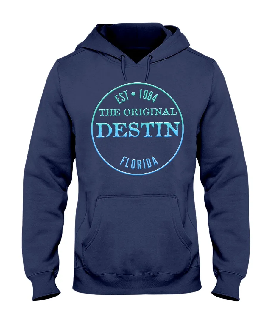 Destin Est 1984 Logo Gulf Blue Waters Gradient Texture Fleece Hoodie