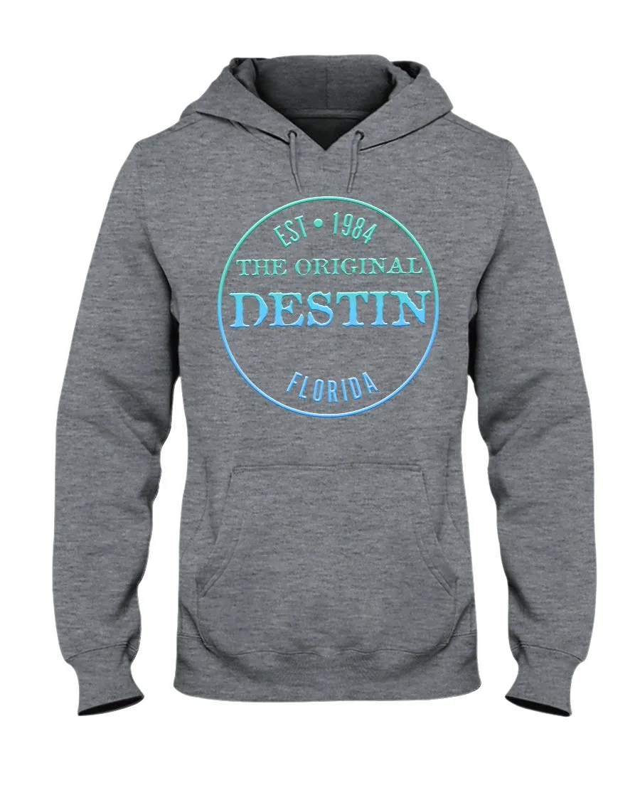 Destin Est 1984 Logo Gulf Blue Waters Gradient Texture Fleece Hoodie