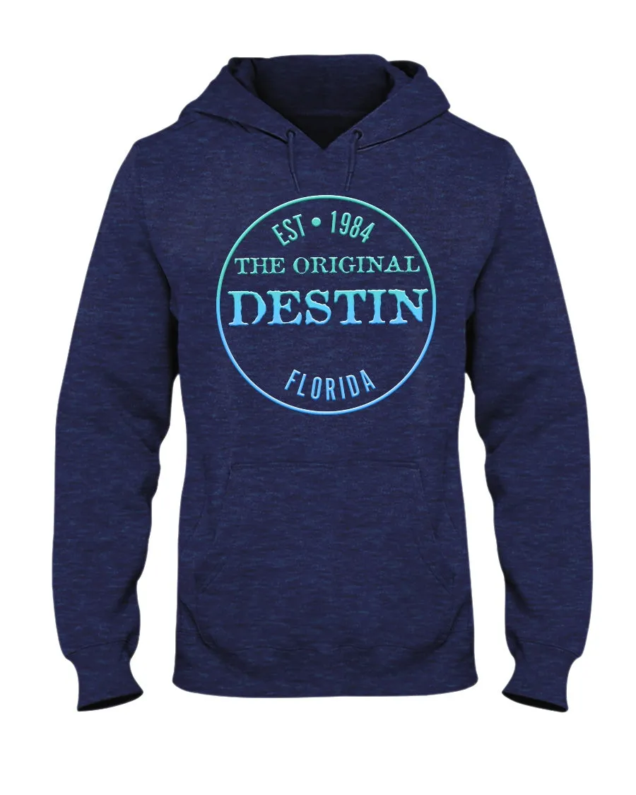 Destin Est 1984 Logo Gulf Blue Waters Gradient Texture Fleece Hoodie