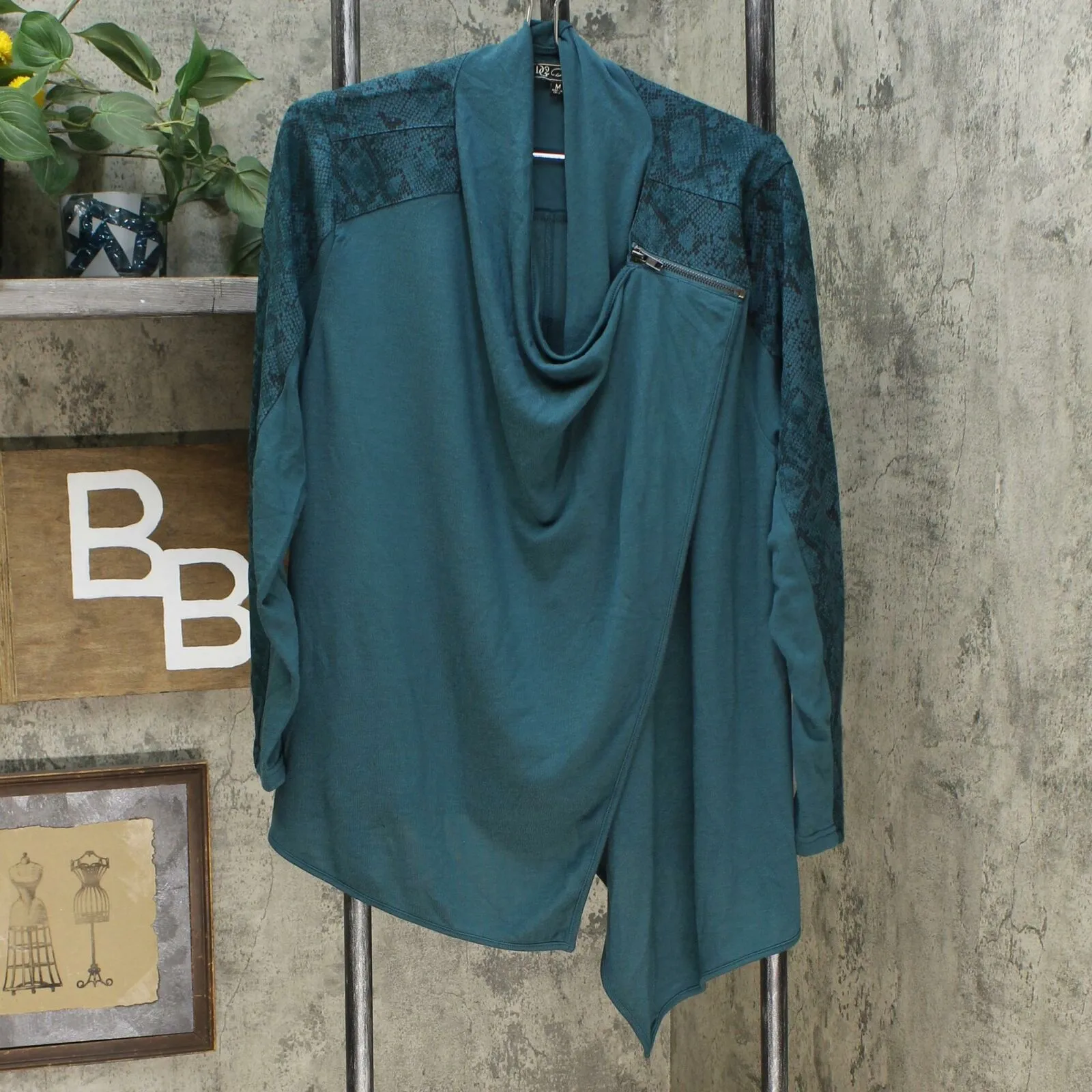 DG2 by Diane Gilman Eco-Ponte Knit Drape Front Easy Jacket Green Snake Medium