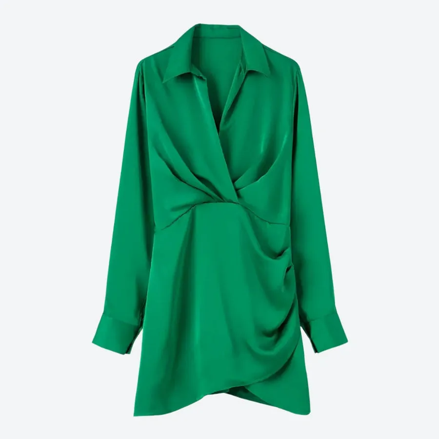 Elegant Satin Draped Shirt Dresses