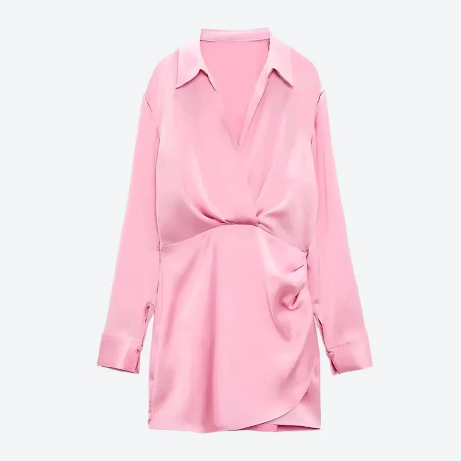 Elegant Satin Draped Shirt Dresses