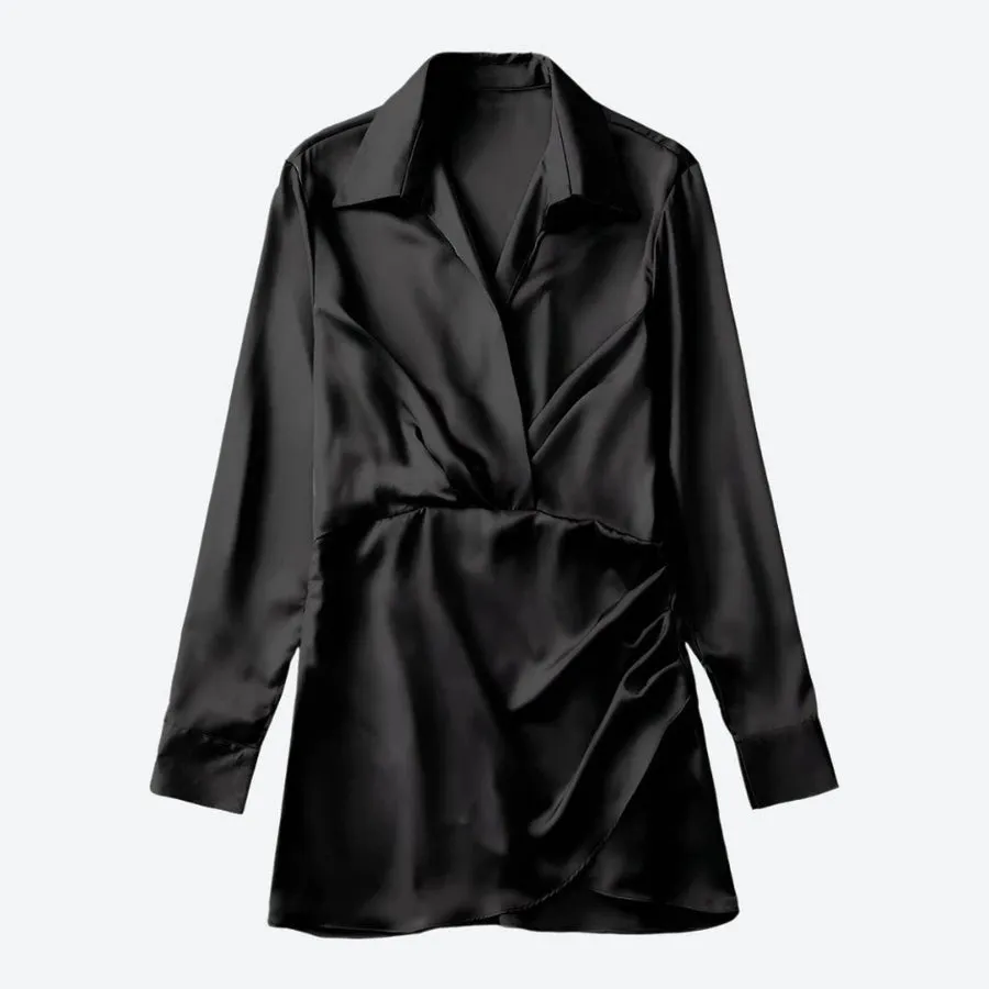 Elegant Satin Draped Shirt Dresses