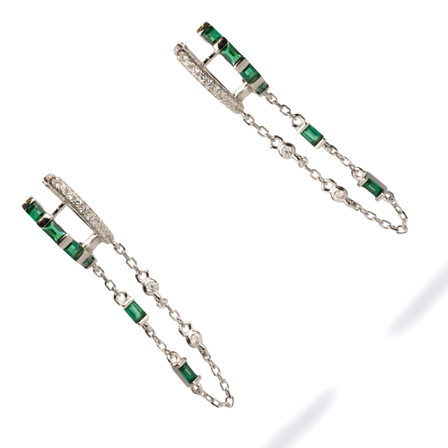 Emerald Stone Design Sterling Silver & Diamond Dangle Earrings