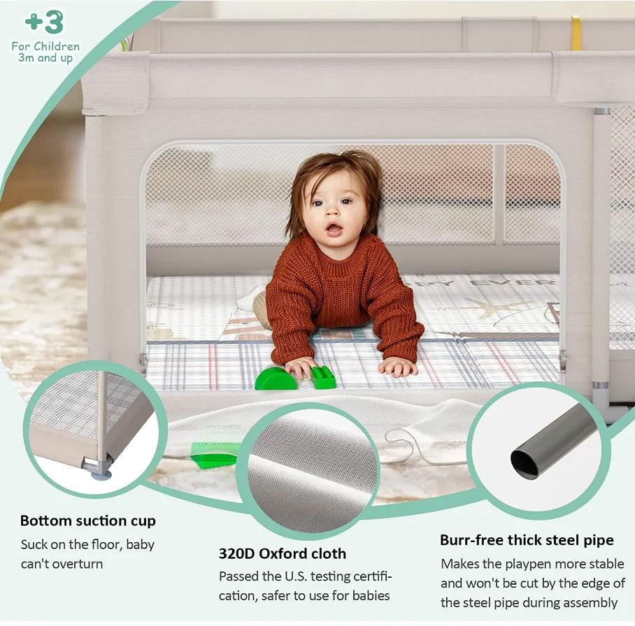 Extra Large Baby Playpen | Support Handles | Carry Bag | Breathable Mesh Fabric |  Includes Reversible Play Mat | Grey | 1.5 x 1.5m