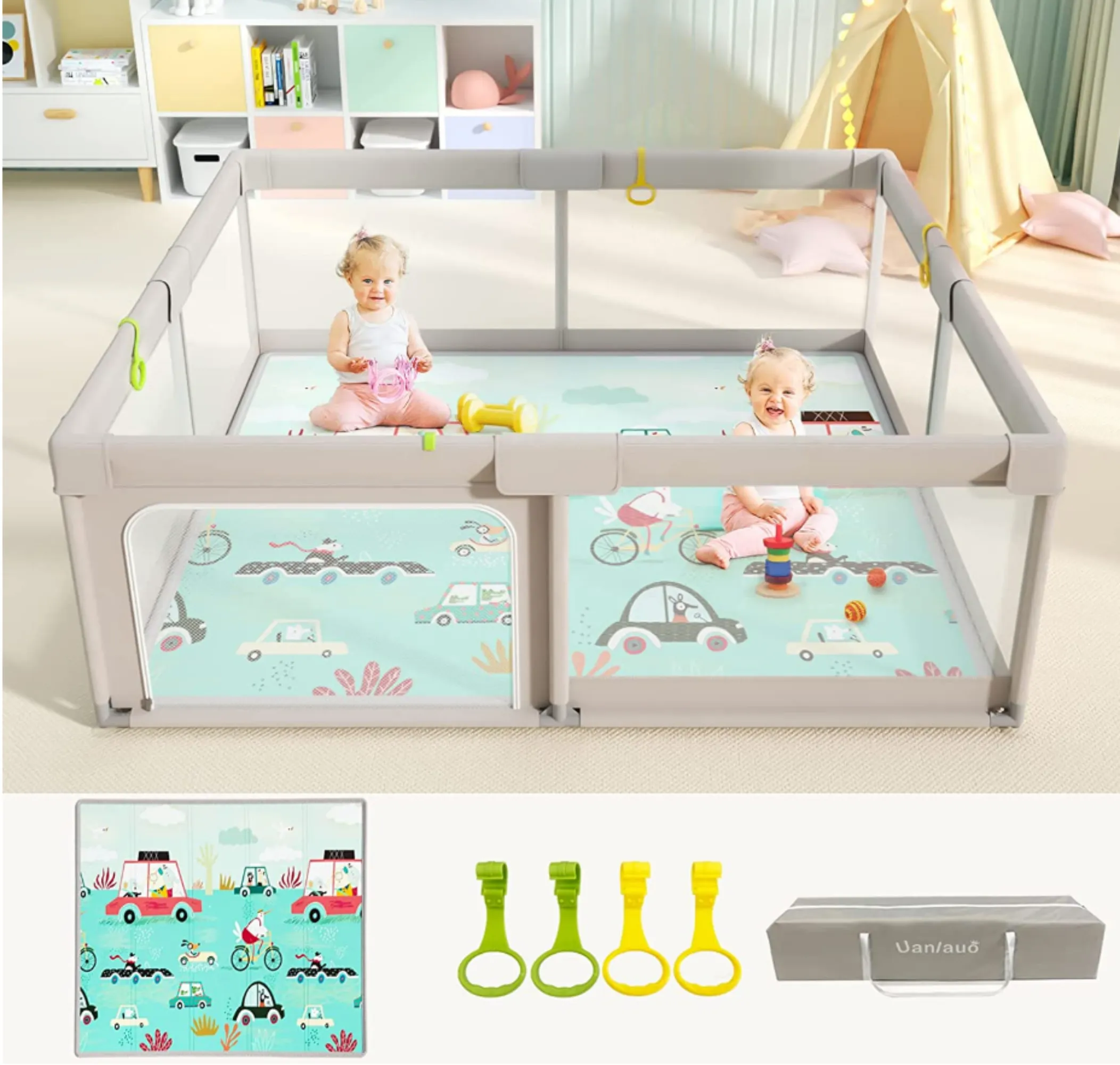 Extra Large Baby Playpen | Support Handles | Carry Bag | Breathable Mesh Fabric |  Includes Reversible Play Mat | Grey | 1.5 x 1.5m