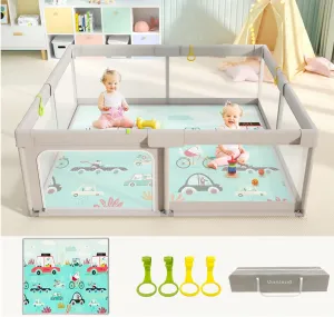 Extra Large Baby Playpen | Support Handles | Carry Bag | Breathable Mesh Fabric |  Includes Reversible Play Mat | Grey | 1.5 x 1.5m