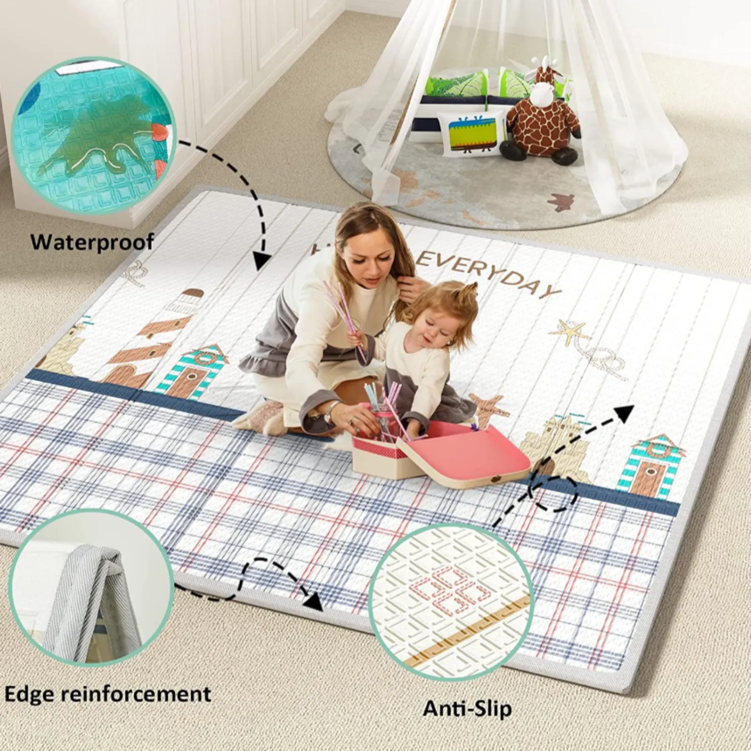 Extra Large Baby Playpen | Support Handles | Carry Bag | Breathable Mesh Fabric |  Includes Reversible Play Mat | Grey | 1.5 x 1.5m