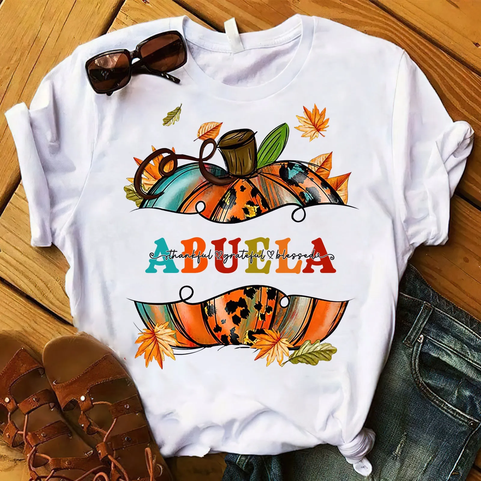 Fall Pumpkin Thankful Blessed Abuela Shirt 939