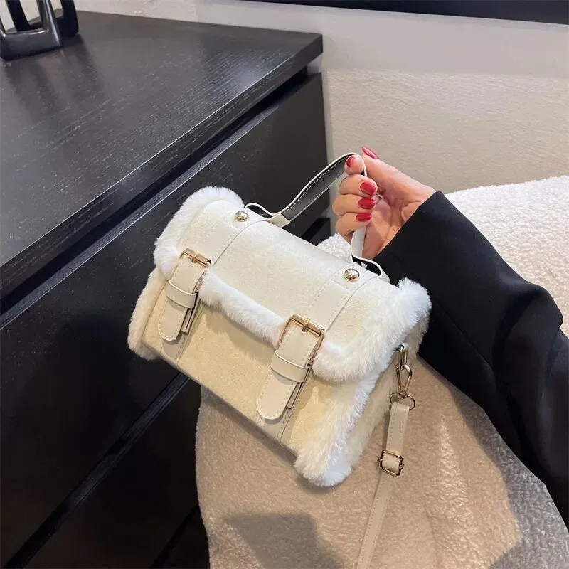 Faux Shearling Box Shoulder Bags