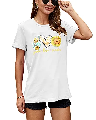 Ferrtye Womens Sunflower Print Graphic T Shirts Short Sleeve Novelty Summer Tops (White, Large)