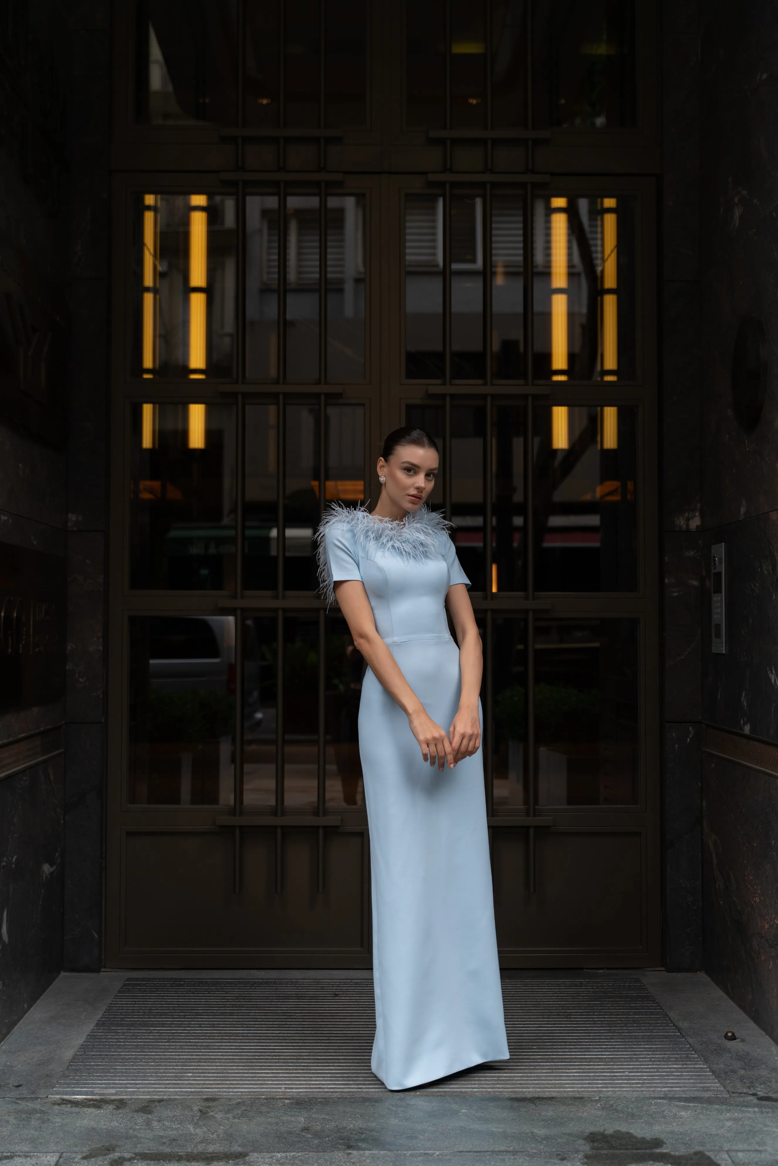 Gloria ostrich feather column gown