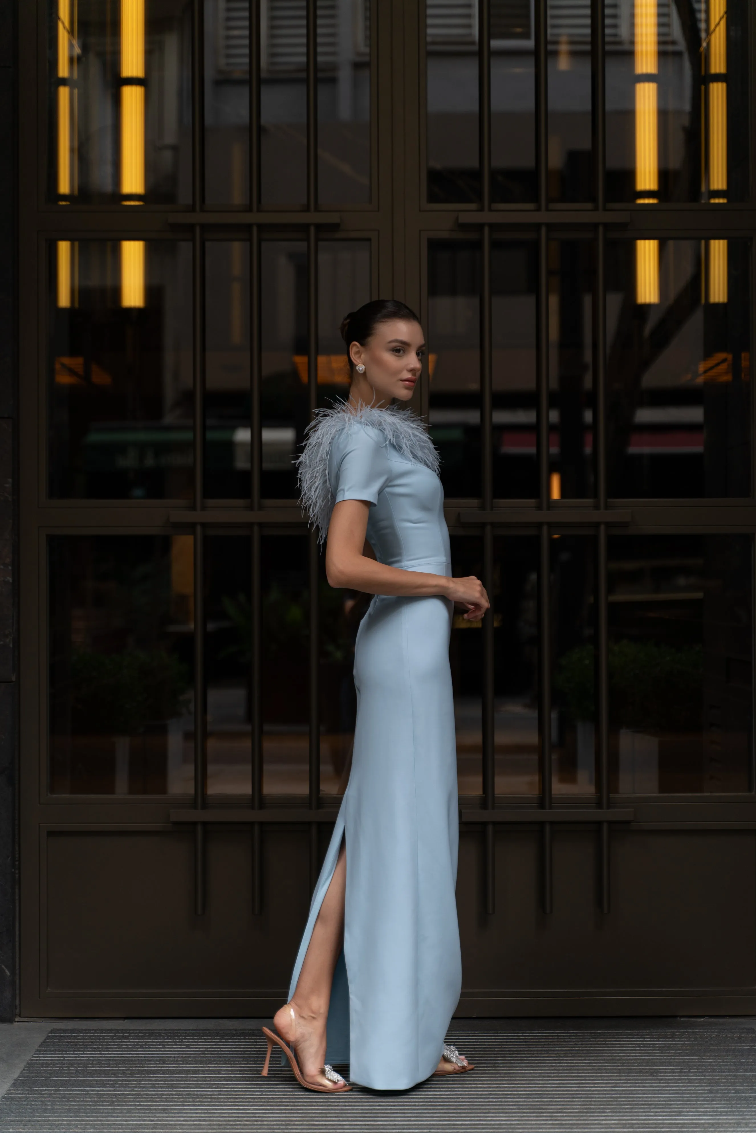 Gloria ostrich feather column gown