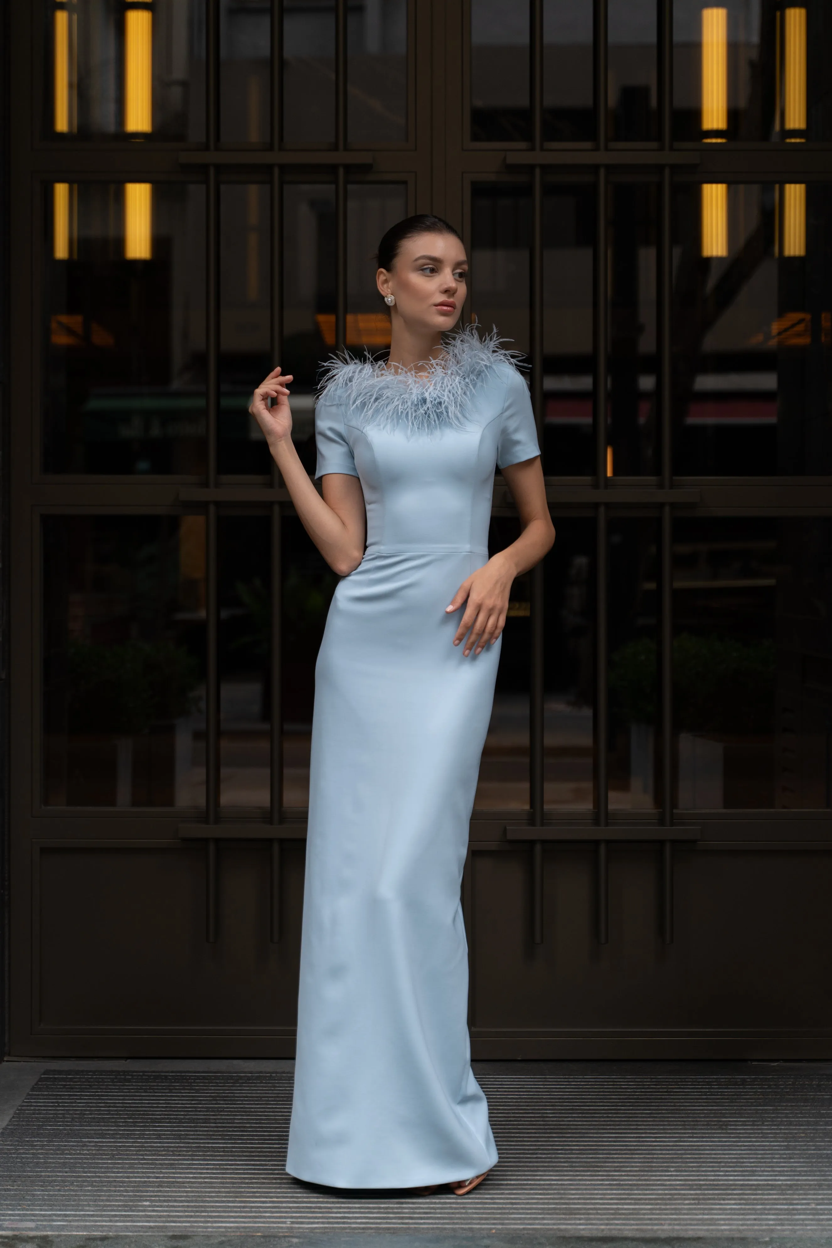 Gloria ostrich feather column gown
