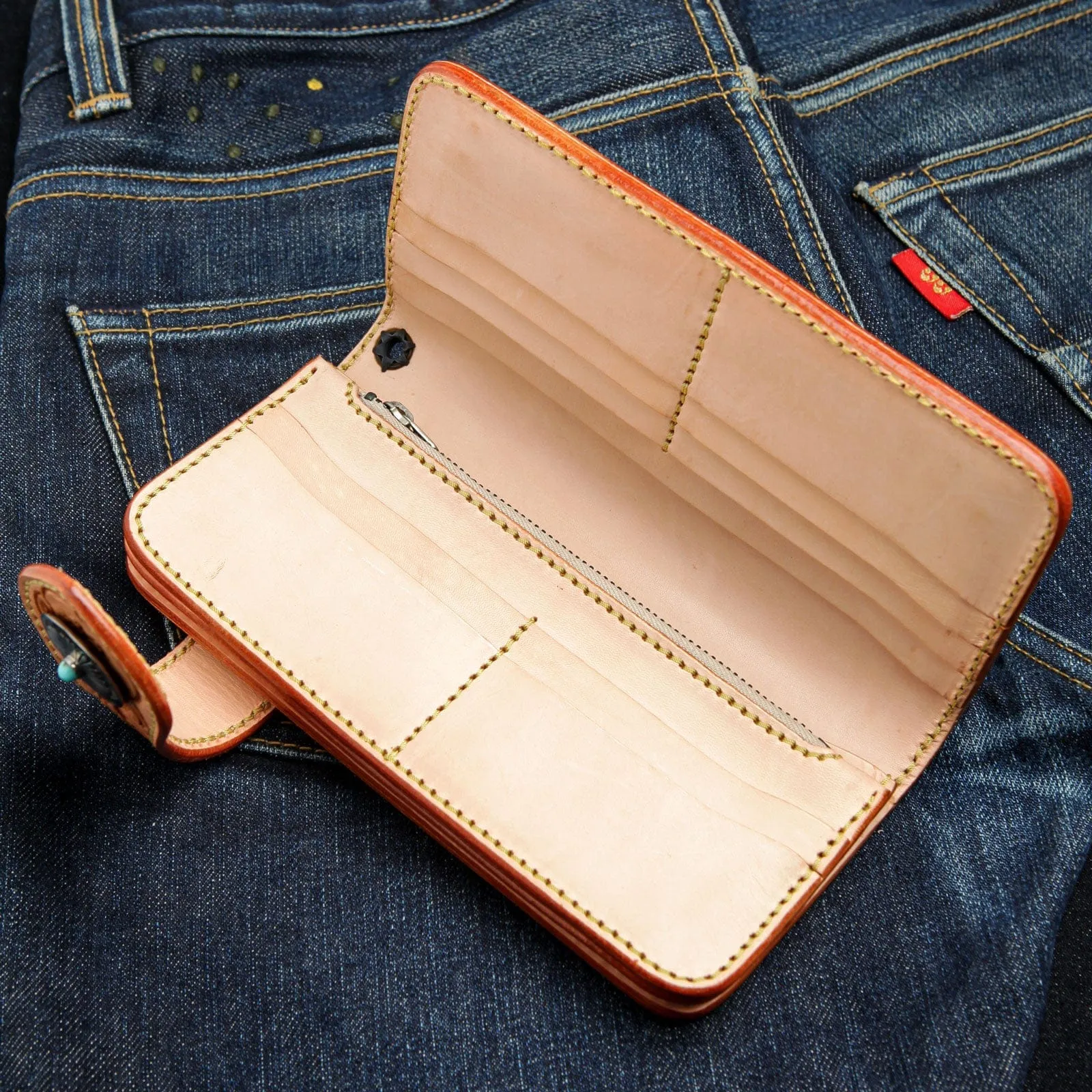 Indian Floral Carved Light Brown Genuine Leather Turquoise Concho Biker Wallet