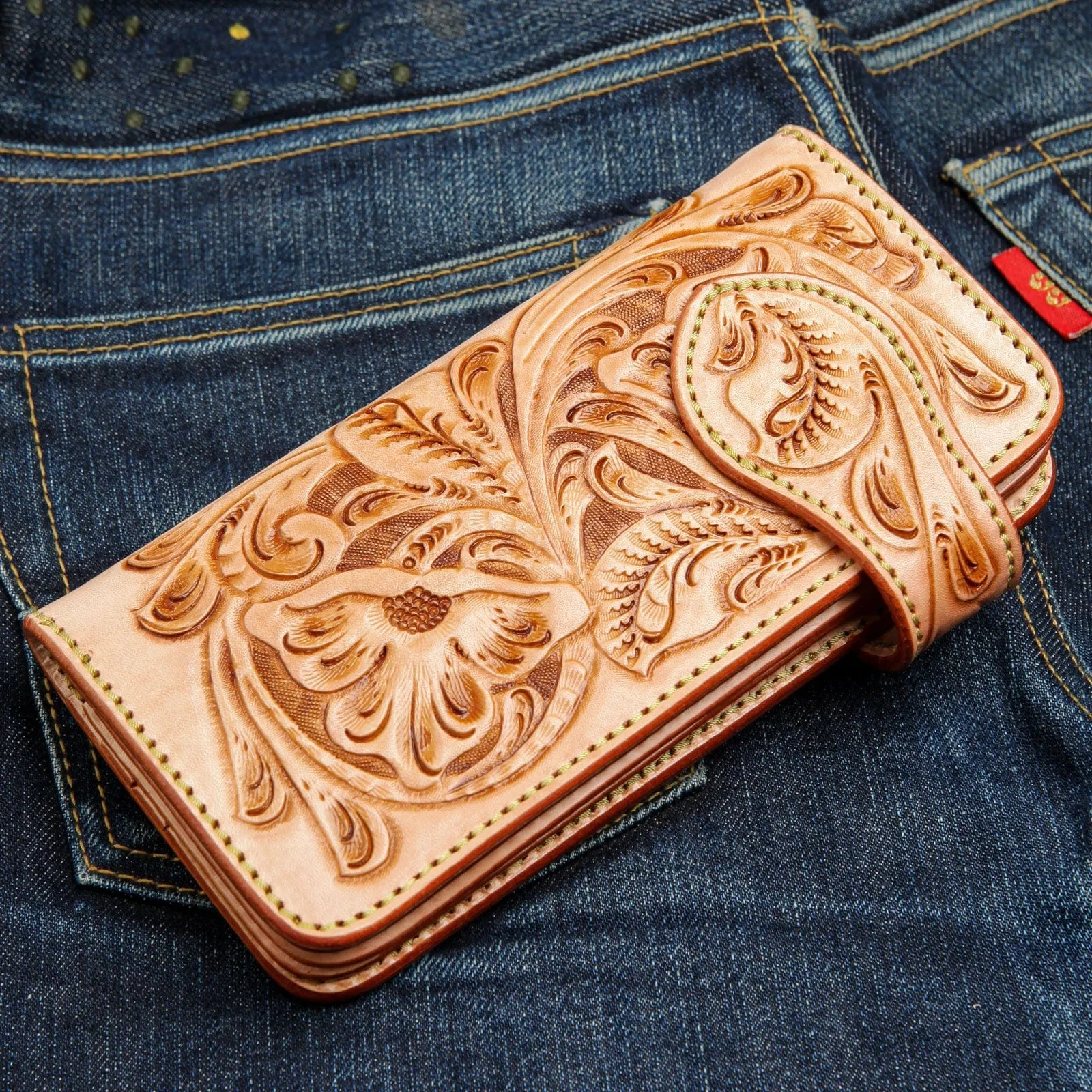 Indian Floral Carved Light Brown Genuine Leather Turquoise Concho Biker Wallet