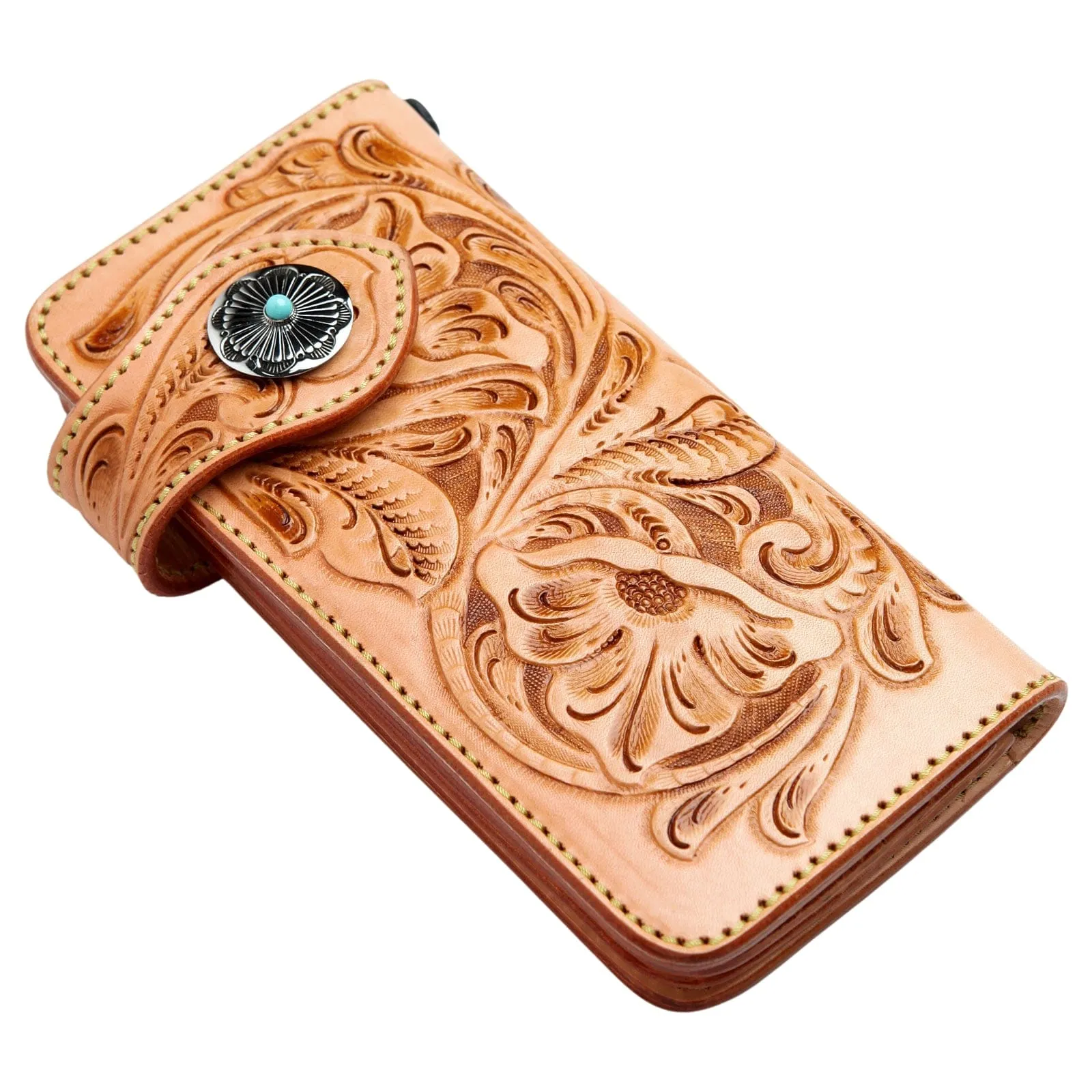 Indian Floral Carved Light Brown Genuine Leather Turquoise Concho Biker Wallet