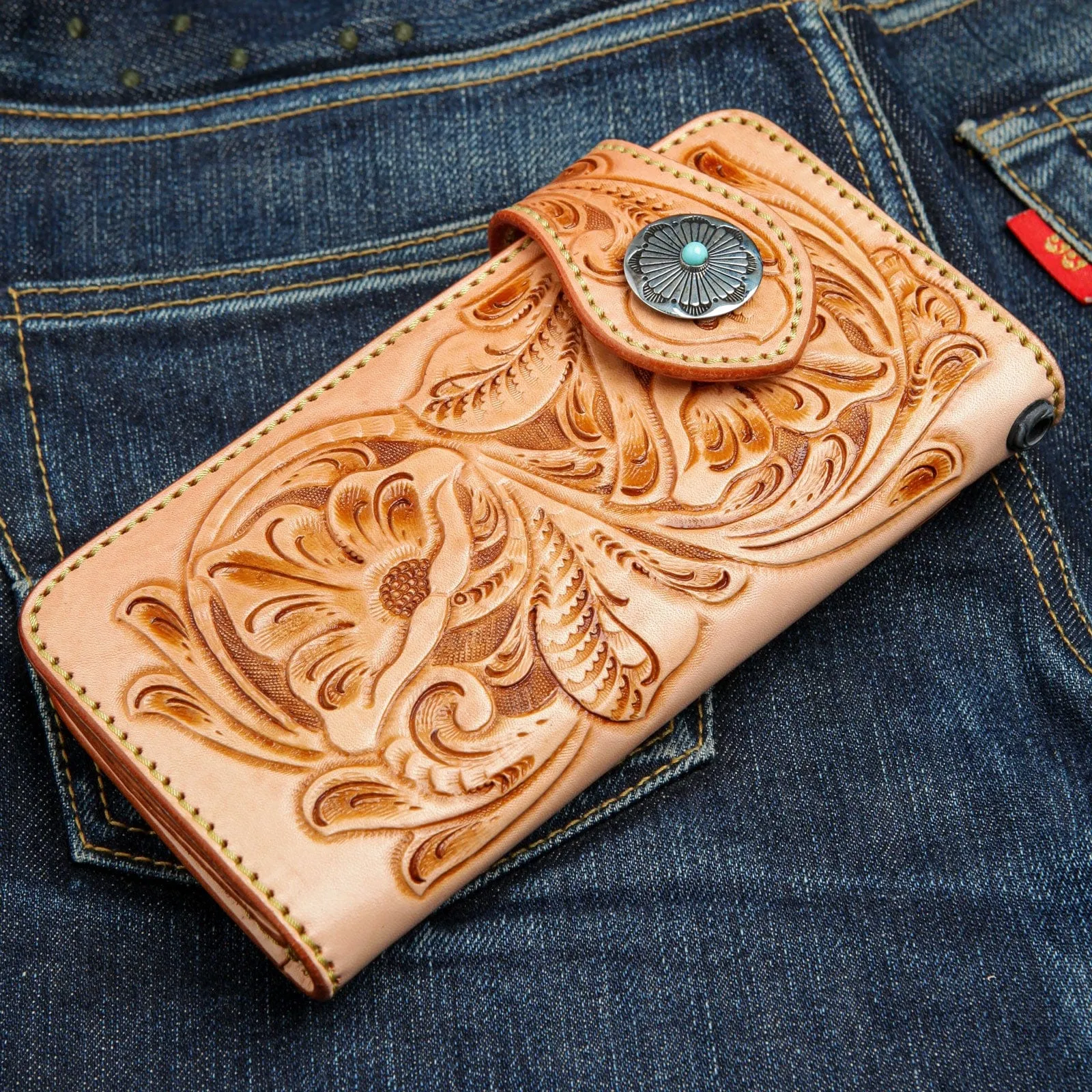 Indian Floral Carved Light Brown Genuine Leather Turquoise Concho Biker Wallet