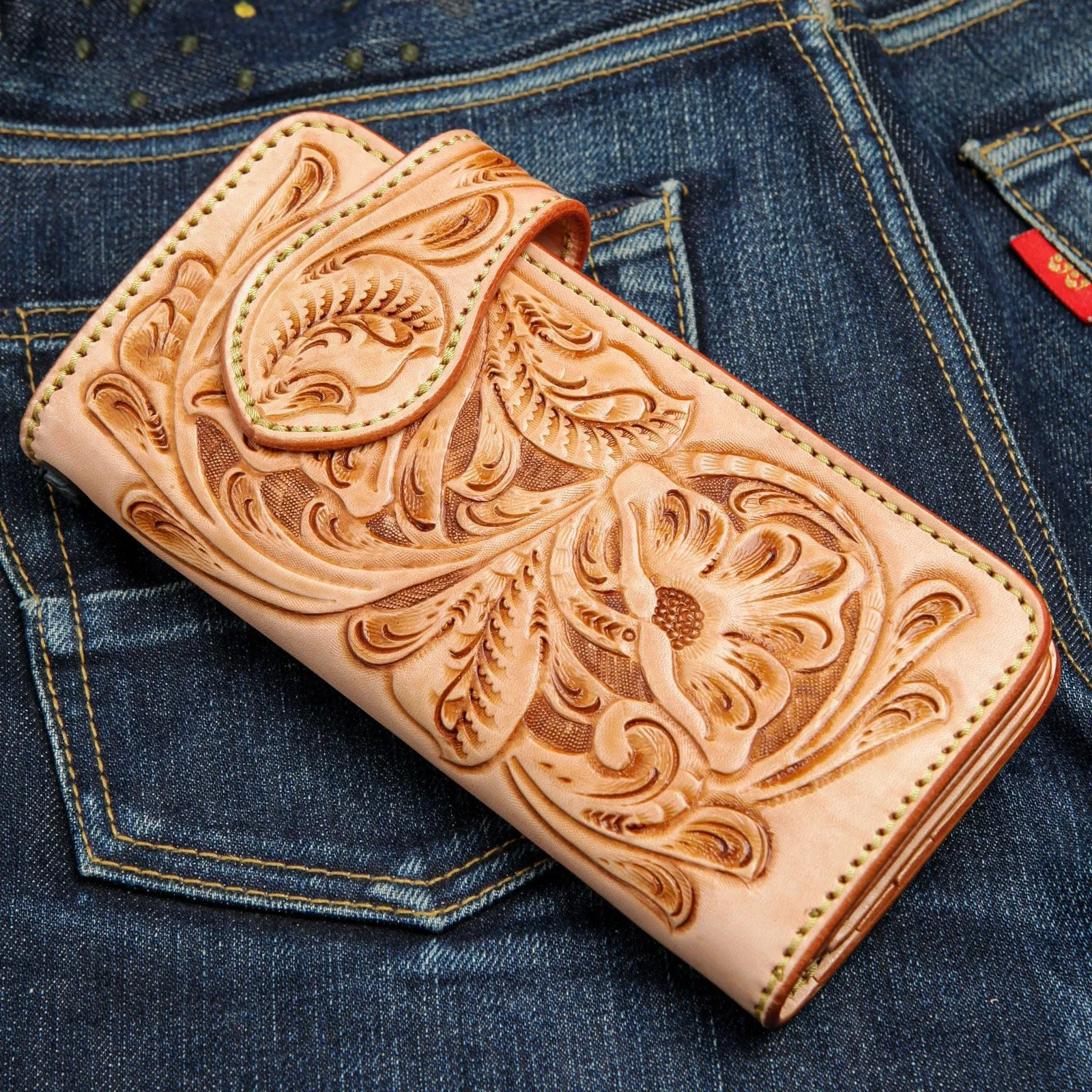 Indian Floral Carved Light Brown Genuine Leather Turquoise Concho Biker Wallet