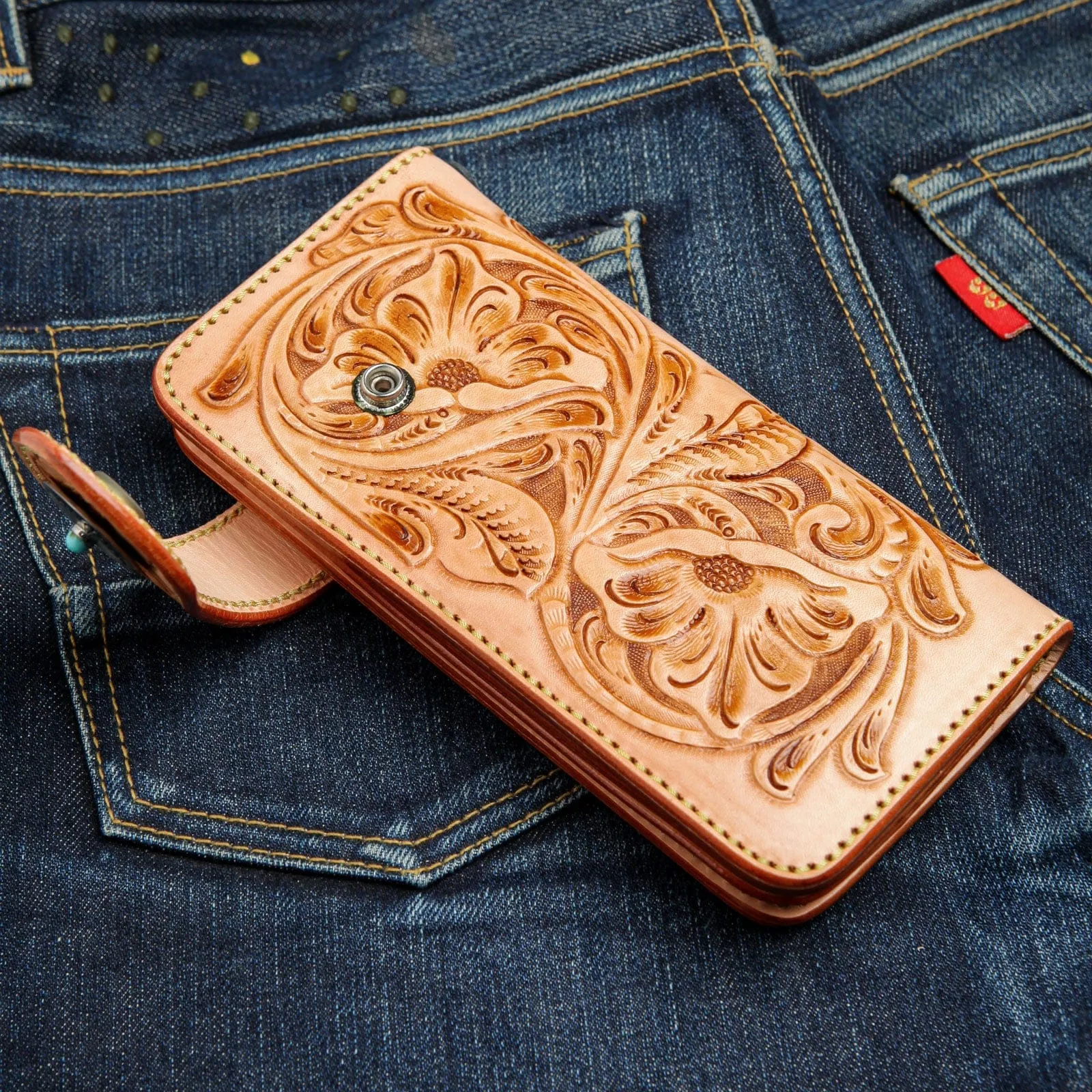 Indian Floral Carved Light Brown Genuine Leather Turquoise Concho Biker Wallet